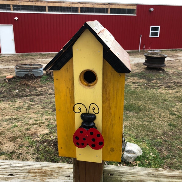 Ladybug Birdhouse created from reclaimed wood and metal, Outdoor Birdhouse, Upcycled Birdhouse, Post Top Birdhouse, Garden Yard Decor