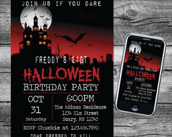 Halloween Birthday Party Invitation Haunted House with Red Sky Digital File