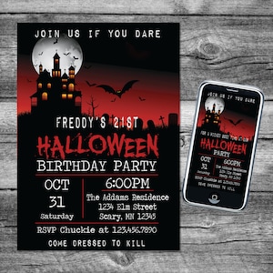 Halloween Birthday Party Invitation Haunted House with Red Sky Digital File
