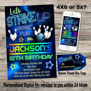 Boys Bowling Birthday Party Invitation Personalized Digital, with Bonus Thanks You tags