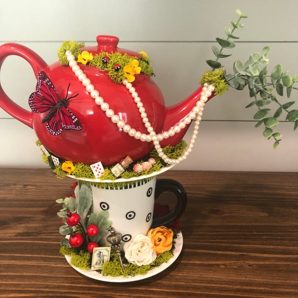 Alice in Wonderland Centerpiece, Stacked Tea Cup and Teapot Decoration, Mad Hatter, Tea Party, Mother’s Day Gift, Queen of hearts