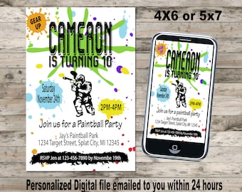 Paintball Birthday Invitation, DIGITAL, printable, Evite, boys, paint, teen, invite, battle