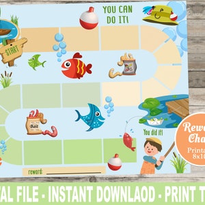 Może przedstawiać: Drukowana karta nagród w formacie 20,3 x 25,4 cm z motywem wędkowania. Karta zawiera planszę do gry ze ścieżką do łowiska, rybą i wędką. Karta zawiera również tekst "You Can Do It!" i "You Did It!"