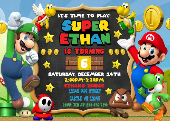 Mario Invitation Personalized Digital File Bonus Thanks You Etsy
