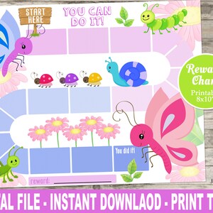 May include: Printable reward chart featuring a colorful butterfly, ladybug, snail, and grasshopper design. The chart is 8x10 inches and includes the text "You Can Do It!" and "Reward Chart".