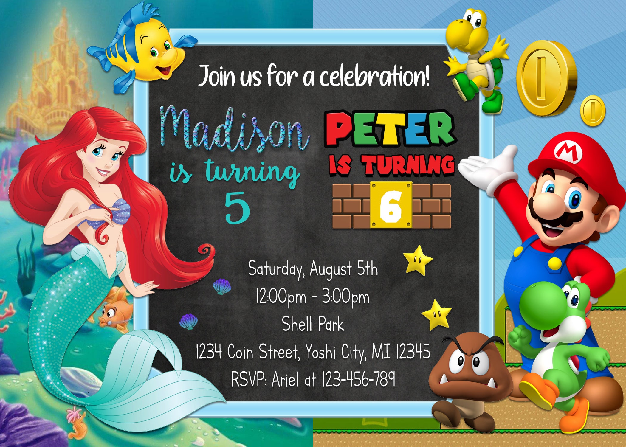 Double Invitation Mario Frozen Minnie Mouse Ariel Sonic Etsy Canada