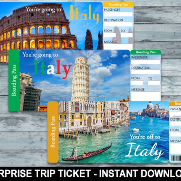 Printable ITALY Surprise Trip Gift Ticket. Boarding Pass. Trip Ticket. Vacation Ticket. Instant Download. Editable PDF File