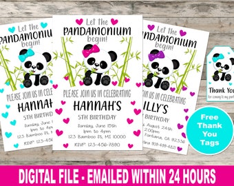 May include: Three printable panda birthday party invitations with pink, blue, and green accents. The invitations feature a panda holding a piece of bamboo and the text "Let the Pandamonium begin!"  The invitations are for a 5th birthday party.  The text on the invitations includes the child's name, date, time, and location of the party.  The invitations also include the text "RSVP" and a phone number.  The invitations are designed to be printed on 8.5 x 11 inch paper.  The invitations are also available as a digital file that can be emailed.