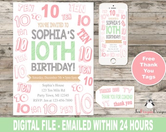 Invitación de cumpleaños de niñas, Número, Personalizado, Digital, cualquier edad, fiesta, favor, etiquetas de agradecimiento, imprimible, 11º, 12º, 13º, 14º, 15º