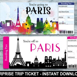 Bilhete-presente surpresa para a viagem PARIS França. Cartão de embarque. Bilhete de viagem. Bilhete de férias. Download instantâneo. Arquivo PDF editável