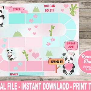 May include: A printable reward chart featuring a panda bear theme. The chart has a game board design with spaces for stickers or checkmarks. The chart includes the text "You Can Do It!" and "You Did It!" and "Great Job!" and "Reward: ". The chart is 8x10 inches.