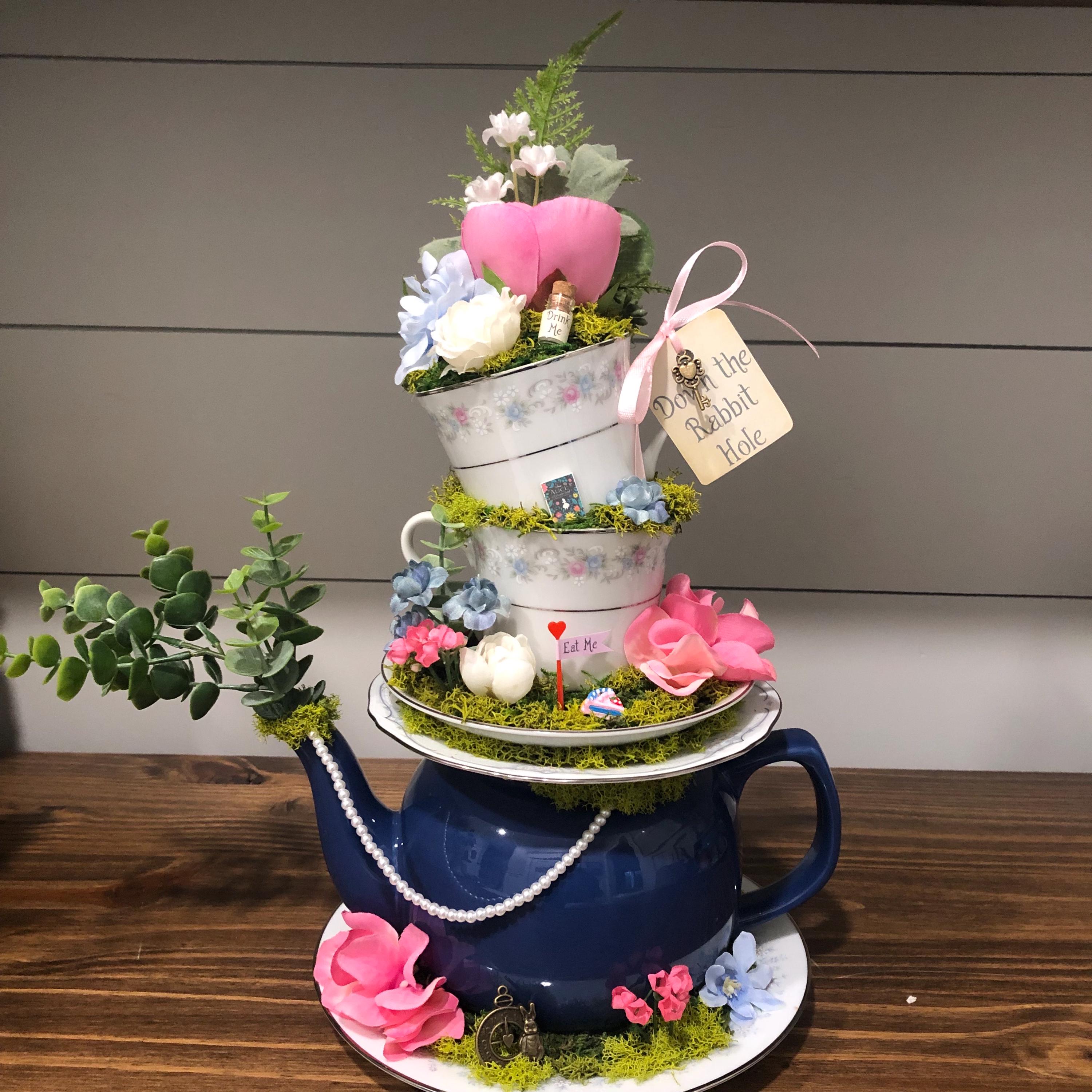Alice in Wonderland Centerpiece Stacked Tea Cup and Teapot