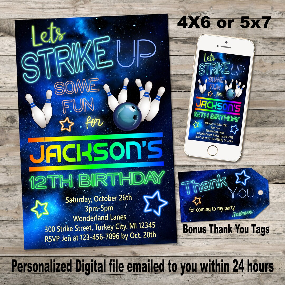 Boys Bowling Birthday Party Invitation Personalized Digital, With Bonus ...