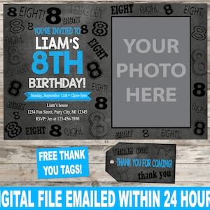 Boys Birthday Party Invitation, Number, Personalized, DIGITAL, any age, printable, WITH PICTURE
