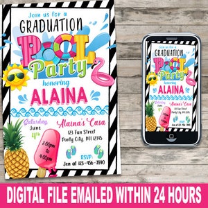 POOL PARTY Graduation Invitation, Personalized, Digital, SWIM, summer,