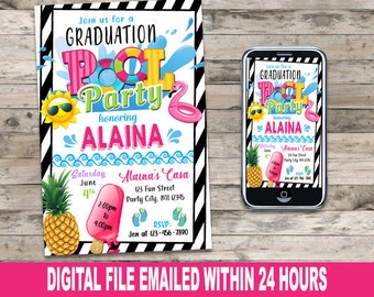 POOL PARTY Graduation Invitation, Personalized, Digital, SWIM, summer,