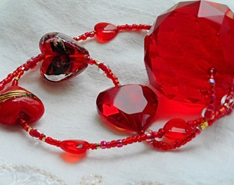 Crystal ball hanging and Valentines Day gift. Red prism and red hearts strand. Romantic gift or just because you like red.