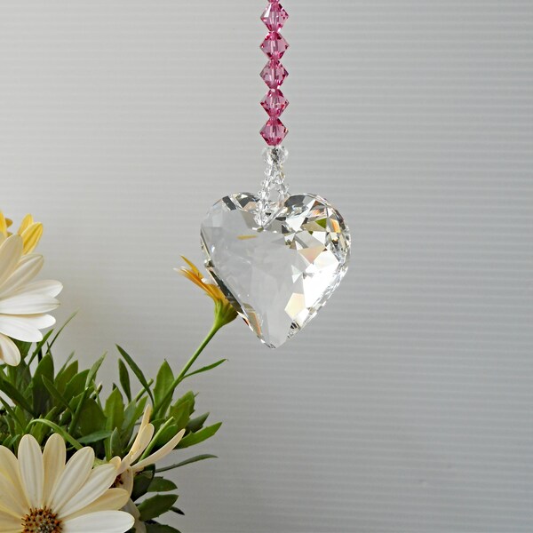 crystal heart, Swarovski rose pink, suncatcher, crystal hanging, big crystal heart, hanging prism, girls room, anniversary gift, pink lovers