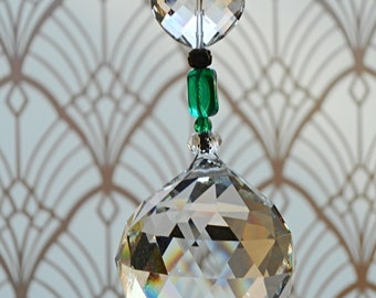 Crystal ball suncatcher, emerald green accents and a beautiful gift for May and Mothers day. Simple and elegant, window accent.