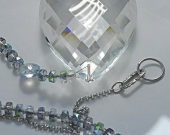 Crystal suncatcher, big and beautiful. Large teardrop prism, steel blue strand of crystal. Amazing gift for Mothers Day or special birthday.