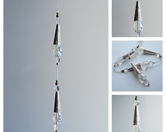 Crystal suncatcher,  modern styling in crystal and silver, long and minimal.  Big window idea or front entrance décor, something different.