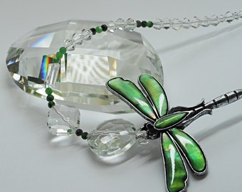 Big suncatcher and large dragonfly hanging crystal. Green theme and insect décor idea. Boutique style gift and something different.