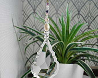 Suncatcher for June and Gemini birthdays. Crystal and gemstone hanging décor. Fresh water pearls and fluorite with a big baroque style prism