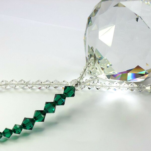Hanging crystal, suncatcher, Swarovski crystals, emerald green, hanging prism, May birthstone, under fifty, large crystal ball, ornament