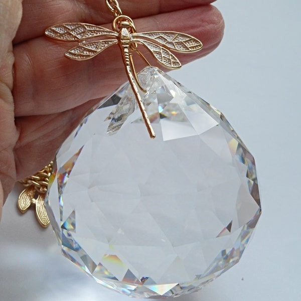 Big crystal ball, handmade suncatcher with golden dragonflies. Gift for yourself or gift to give. Minimalist design, elegant style.