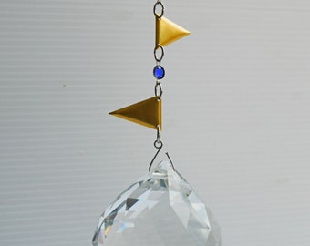 Hanging crystal ball, modern styling and something different. Suncatcher with colourful steel and brass accents. Handmade window feature.