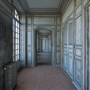 Photography of a blue corridor in an abandoned castle in France
