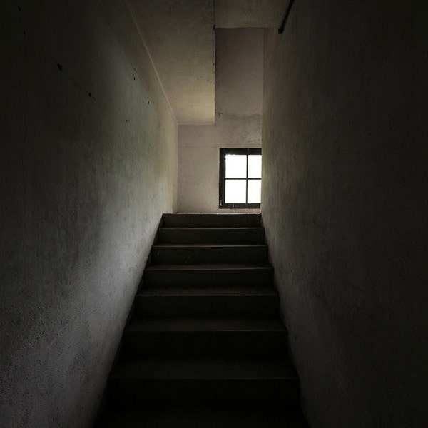 Chiaroscuro fotografie van trappen in een verlaten kasteel in Frankrijk