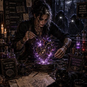 Könnte beinhalten: Eine Dark-Fantasy-Illustration mit einer Person, die an einem leuchtenden mechanischen Herzen mit der Aufschrift IDEA CORE arbeitet. Die Szene enthält eine schwarze Katze, diverse Zaubertrankflaschen und den Text MADE FROM SCRATCH, NOT SCREENSHOTS und CREATED HERE.