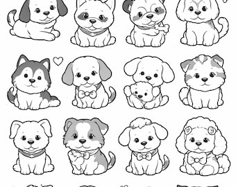 Lot de cliparts chiot kawaii | 20 images PNG de chien mignon | Téléchargement numérique | Stickers Coloriages Loisirs créatifs Scrapbooking