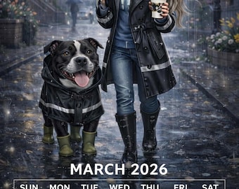 Page de calendrier pour promeneur de chiens de mars 2026, style Dollz rebelle imprimable en téléchargement numérique Wiggle Walks