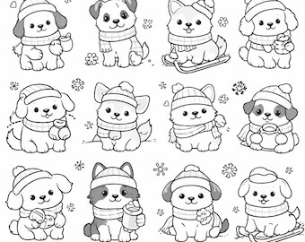 Ensemble de cliparts chiot hiver kawaii | 20 Chien de Noël PNG | Autocollants mignons de vacances | Téléchargement numérique | Coloriages | Bricolage Scrapbooking