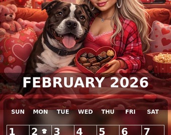 Calendrier de février 2026 à imprimer – Téléchargement numérique – Thème Glam Girl & Dog pour la Saint-Valentin »