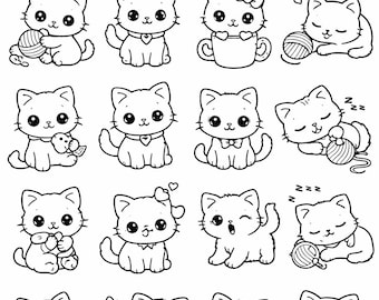 Ensemble de cliparts chat d'hiver kawaii | 20 images PNG pour chaton de Noël | Autocollants mignons de vacances | Téléchargement numérique | Coloriages | Scrapbooking