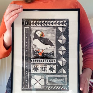 Grabado en madera de frailecillo, obra de arte original (12x16)