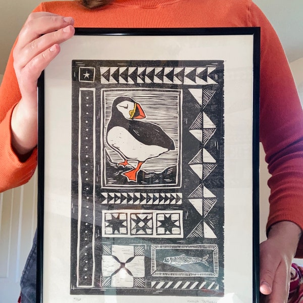 Puffin Woodblock Print, Original Fine Art (12x16)