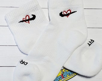 Embroidered Heart Authentic Nike Socks in White  and Black Gift Ideas for Her Cute Valentine Summer Spring Fashion Gift this are Size 6-12