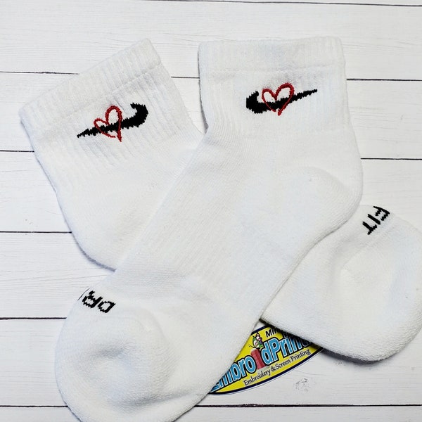 Embroidered Heart Authentic Nike Socks in White  and Black Gift Ideas for Her Cute Valentine Summer Spring Fashion Gift this are Size 6-12