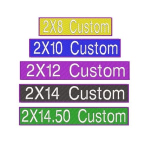 May include: Five embroidered patches in different colors and sizes. The patches are rectangular and have the text "2X8 Custom", "2X10 Custom", "2X12 Custom", "2X14 Custom", and "2X14.50 Custom" on them.