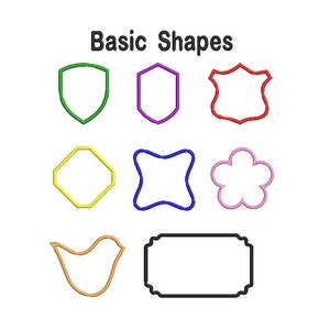 Op de afbeelding: Een set van negen basisvormen, waaronder een schild, een ster, een bloem, een vogel en een rechthoek. De vormen zijn omlijnd in verschillende kleuren, waaronder groen, paars, rood, geel, blauw, roze, oranje en zwart.