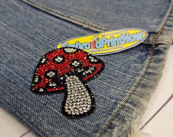 Mushroom Rhinestone, Silver, black, Red  Iron on size 3X2.50