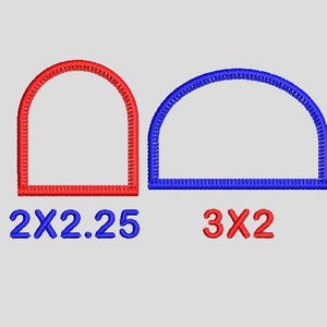 May include: Two embroidered arch designs, one red and one blue, on a light gray background. The red arch is labeled "2X2.25" and the blue arch is labeled "3X2". These designs are likely for embroidery projects.