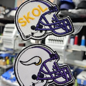 Embroidered Skol Helmet Patch: Purple & White Football Design