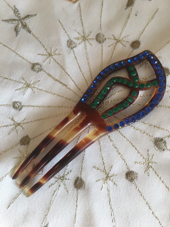 HAIR COMB Art Deco Antique Green Blue Stones Faux Tortoise  display picture 2