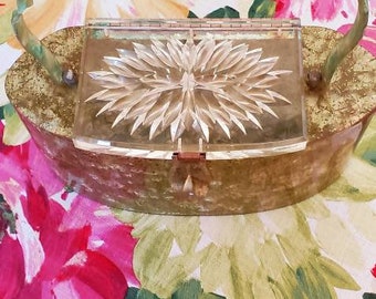 Handbag LUCITE Patricia of Miami Very Rare Clear Carved Lid GREEN Gold All Original 1950's Good Vintage Condition