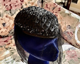 HAT Flapper Vintage RARE Black Tulle Veil Sequins Spangles Gorgeous All Original 1920's MINT Condition